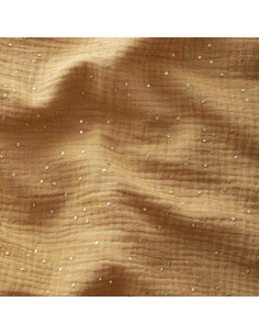 Tecido gaze dupla de algodão com mini bolinhas douradas - Camel