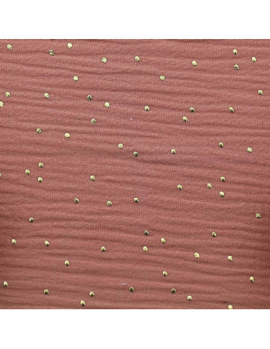 Tecido de gaze dupla de algodão com mini bolinhas douradas - Marsala