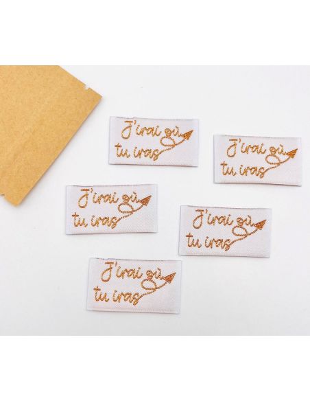 Conjunto de 5 etiquetas tecidas para costurar Irei onde você for