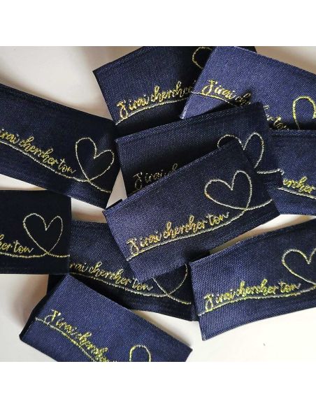 Conjunto de 5 etiquetas tecidas para costurar J'irai chercher ton coeur - Marinho