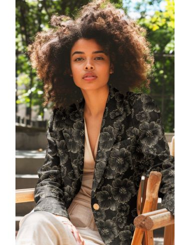 Tecido jacquard - Flores pretas