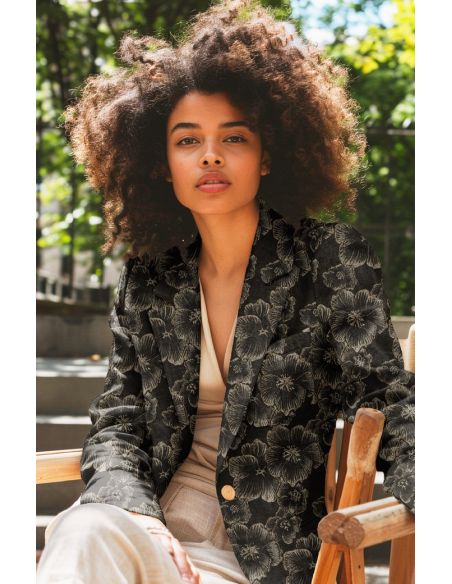 Tecido jacquard - Flores pretas