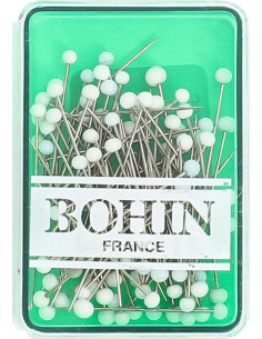 Caixa de 80 alfinetes extrafinos com cabeça de vidro branca Bohin