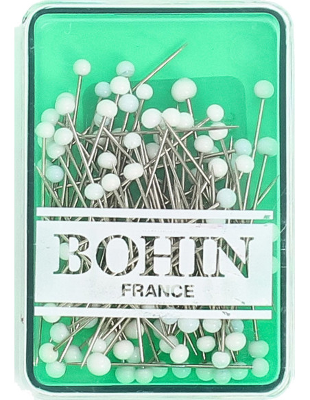 Caixa de 80 alfinetes extrafinos com cabeça de vidro branca Bohin