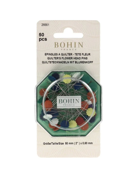 Caixa de 50 alfinetes de quilting com cabeça de flor de plástico Bohin