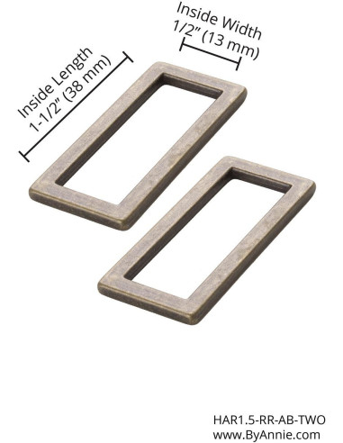 Conjunto de 2 fivelas retangulares 13 x 38 mm latão antigo