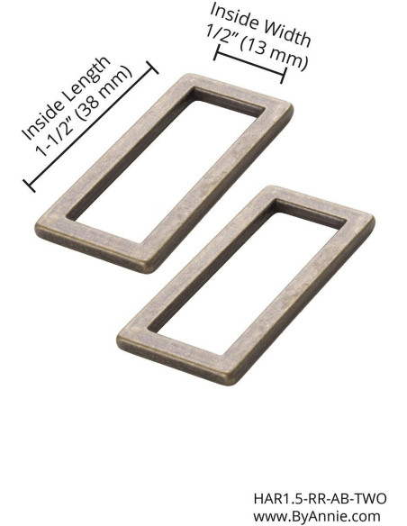 Conjunto de 2 fivelas retangulares 13 x 38 mm latão antigo