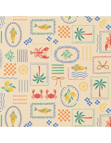 Tissu popeline de coton - Cagli écru et bleu