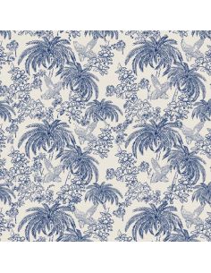 Tissu toile de Jouy demi-natté – Grande largeur – Palme indigo