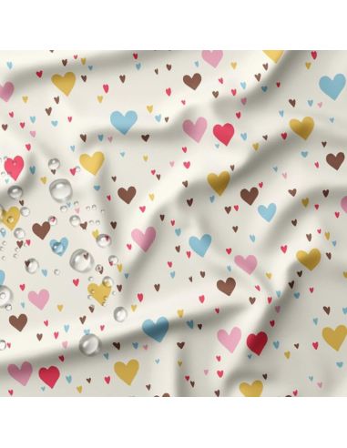Tissu imperméable pour ciré - Tiamo écru et coeurs multicolore