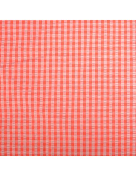 Tissu Seersucker à carreaux - Pêche et fraise