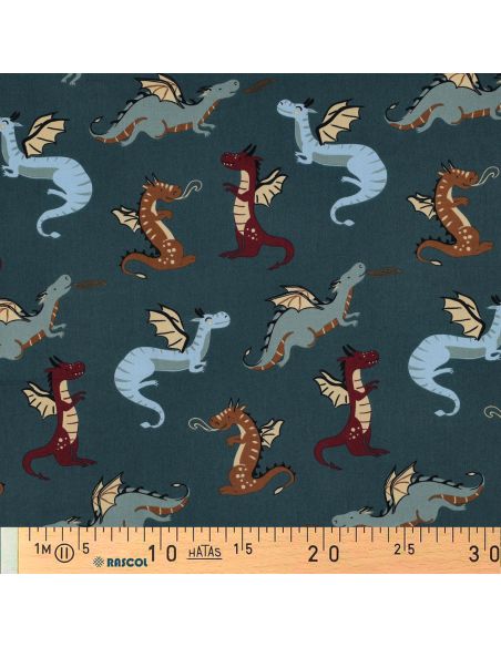 Tissu popeline de coton dragons - Bleu pétrole foncé