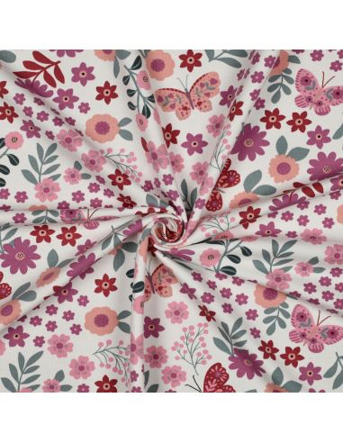 Tissu sweat léger Papillon et fleur - Rose fond blanc