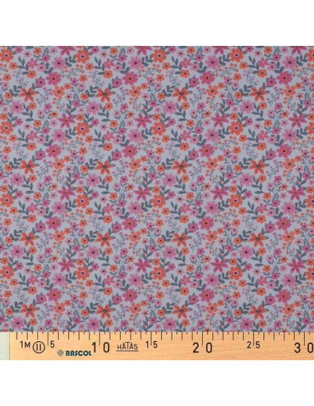 Tissu popeline de coton Cassandre - Fleurs roses et oranges fond bleu clair