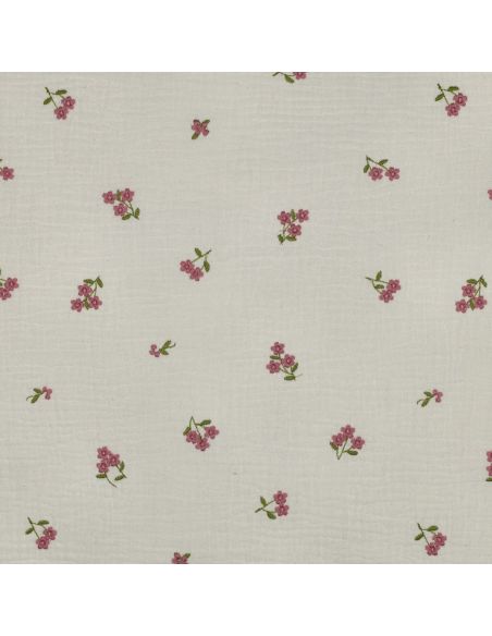 Tissu double gaze de coton brodé fleurs - Naturel