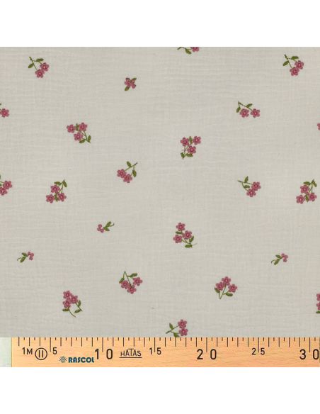 Tissu double gaze de coton brodé fleurs - Naturel