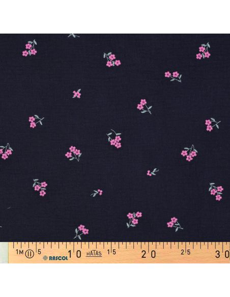 Tissu double gaze de coton brodé fleurs - Bleu marine