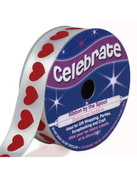 Fita de cetim Celebrate branca com corações vermelhos impressos - 16 mm x 4 metros