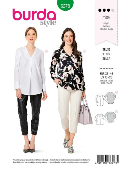 Molde de blusa com decote em V - Burda 6278