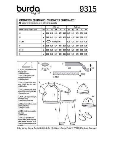 Molde de gorro, calças e casaco de moletom - Burda 9315