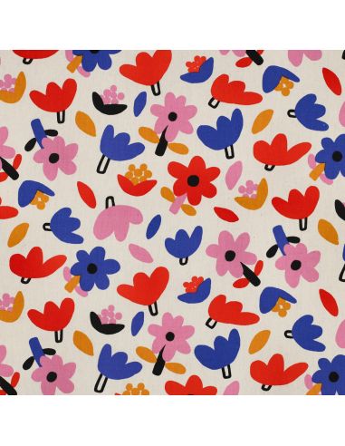 Tissu popeline de coton Jennifer Bouron - Fleurs bleu sur fond naturel