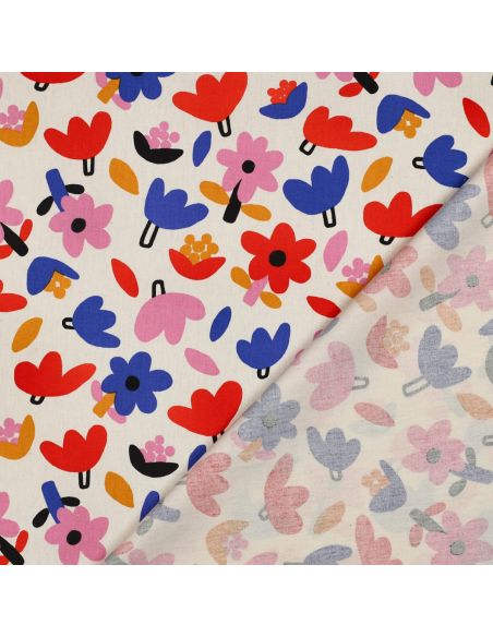 Tissu popeline de coton Jennifer Bouron - Fleurs bleu sur fond naturel