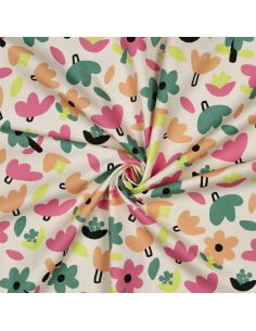 Tissu popeline de coton Jennifer Bouron - Fleurs rose sur fond naturel