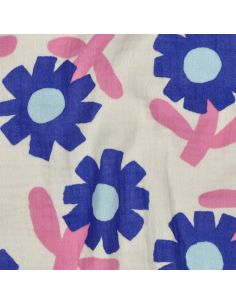 Tissu double gaze imprimé Jennifer Bouron - Fleurs bleues sur fond naturel 2