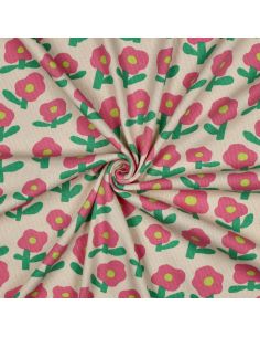 Tissu jersey coton maille côtelé Jennifer Bouron - Fleurs rose bonbon sur fond naturel