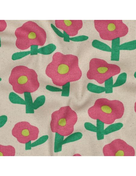 Tissu jersey coton maille côtelé Jennifer Bouron - Fleurs rose bonbon sur fond naturel