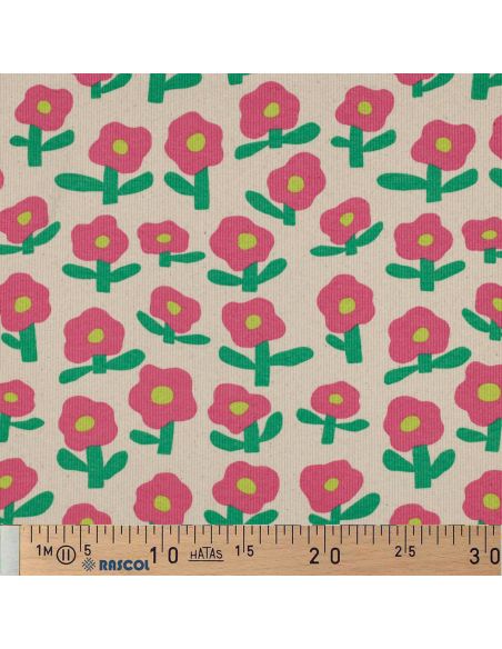 Tissu jersey coton maille côtelé Jennifer Bouron - Fleurs rose bonbon sur fond naturel