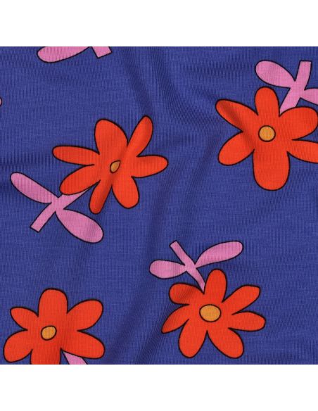 Tissu jersey imprimé Jennifer Bouron - Fleurs rouge sur fond bleu