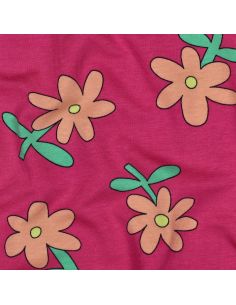 Tissu jersey imprimé Jennifer Bouron - Fleurs pêche sur fond fuchsia 2