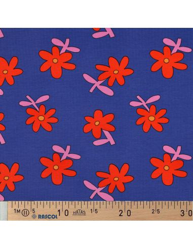 Tissu jersey imprimé Jennifer Bouron - Fleurs rouge sur fond bleu