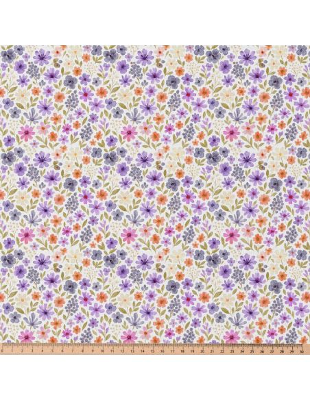 Tissu popeline de coton - Rozen blanc et violet