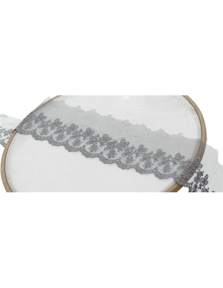 Renda bordada com flores em tule - Cinza