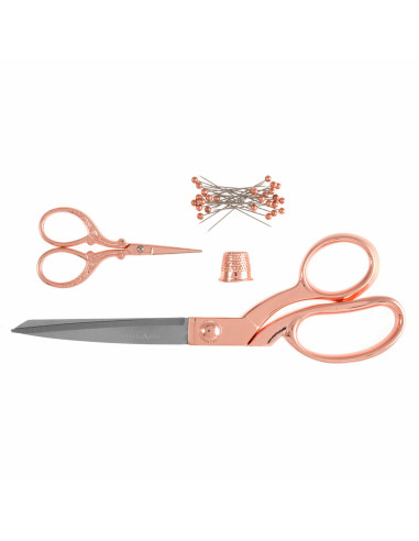 Conjunto de tesouras de costura e bordado, dedal e alfinetes - Ouro rosa