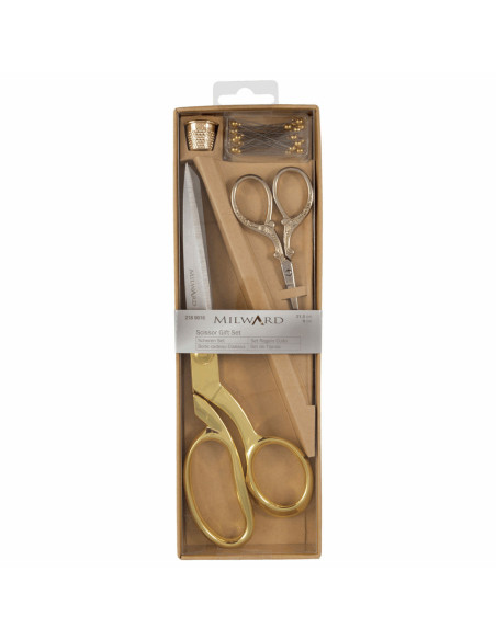 Conjunto de tesouras de costura e bordado, dedal e alfinetes - Ouro