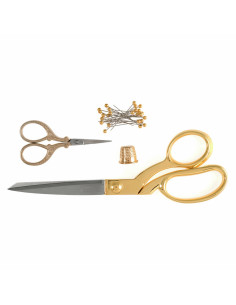 Conjunto de tesouras de costura e bordado, dedal e alfinetes - Ouro 2
