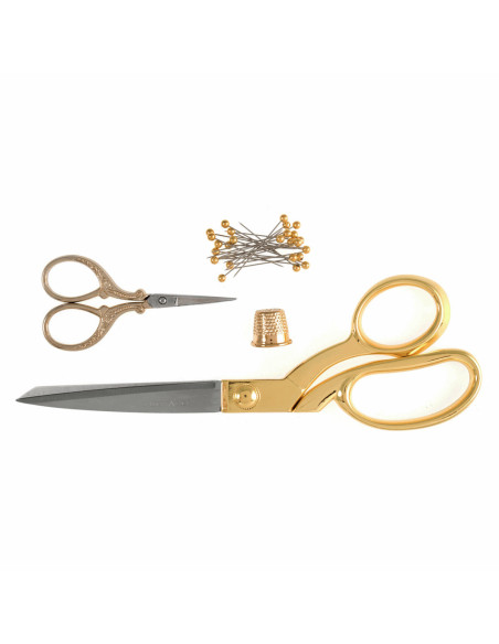 Conjunto de tesouras de costura e bordado, dedal e alfinetes - Ouro