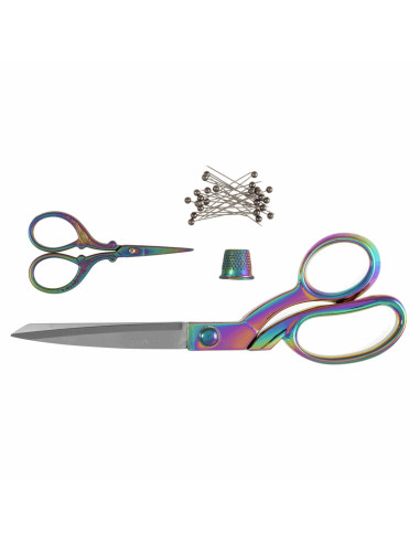Conjunto de tesouras de costura e bordado, dedal e alfinetes - Rainbow