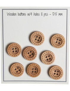 Pacote de 8 botões de madeira com sulcos redondos de 15 mm