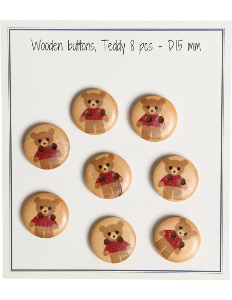 Pacote de 8 botões de madeira teddy vermelho 15 mm