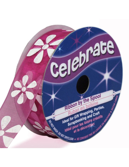 Fita de organza Celebrate fúcsia e flores - 15 mm x 3,5 m
