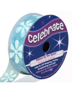 Fita de organza Celebrate azul celeste e flores - 15 mm x 3,5 m