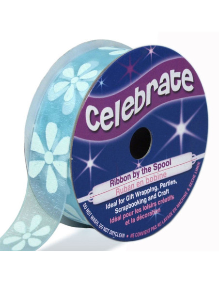 Fita de organza Celebrate azul celeste e flores - 15 mm x 3,5 m