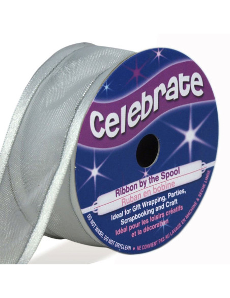 Fita de organza Celebrate branca com borda cinza - 25 mm x 4 m