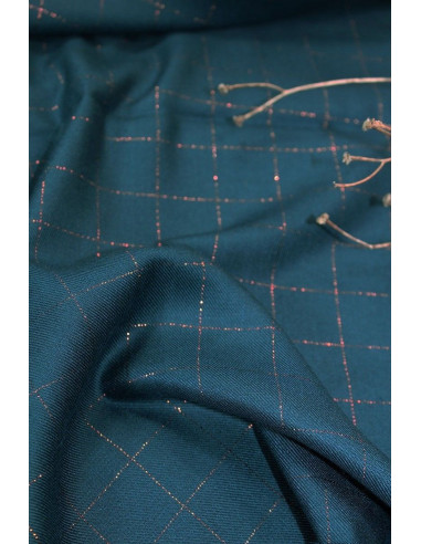 Tecido sarja de viscose xadrez azul petróleo lurex cobre - Églantine & Zoé