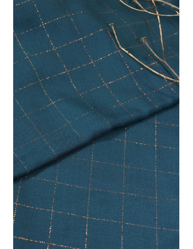 Tecido sarja de viscose xadrez azul petróleo lurex cobre - Églantine & Zoé