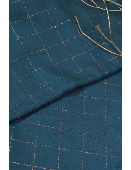 Tecido sarja de viscose xadrez azul petróleo lurex cobre - Églantine & Zoé